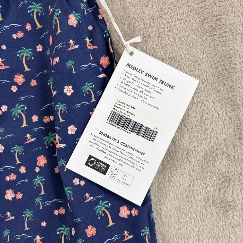 Rhoback Mele Kalikimaka Medley Swim Trunks Men 3XL Admiral Navy Liner Beach NWT